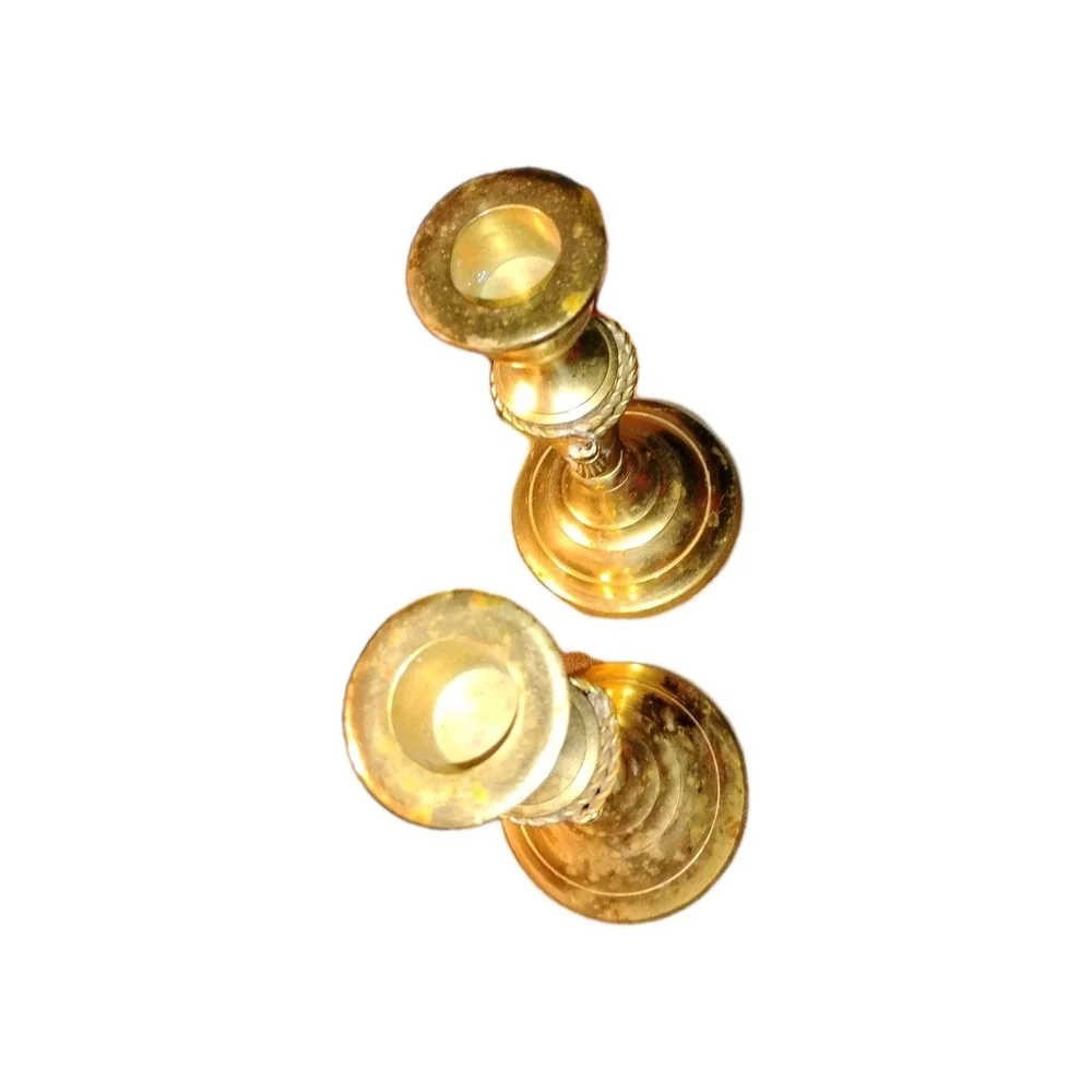 Vintage Brass Candle Sticks Solid Pair Braided Chain-rope tassel‎ decor 6-3/32